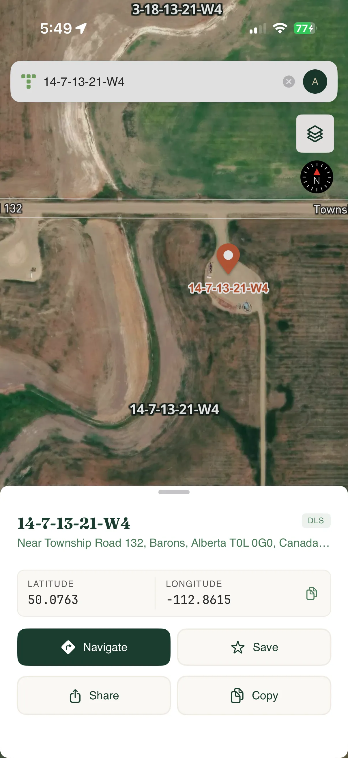 Township America mobile app displaying PLSS grid map